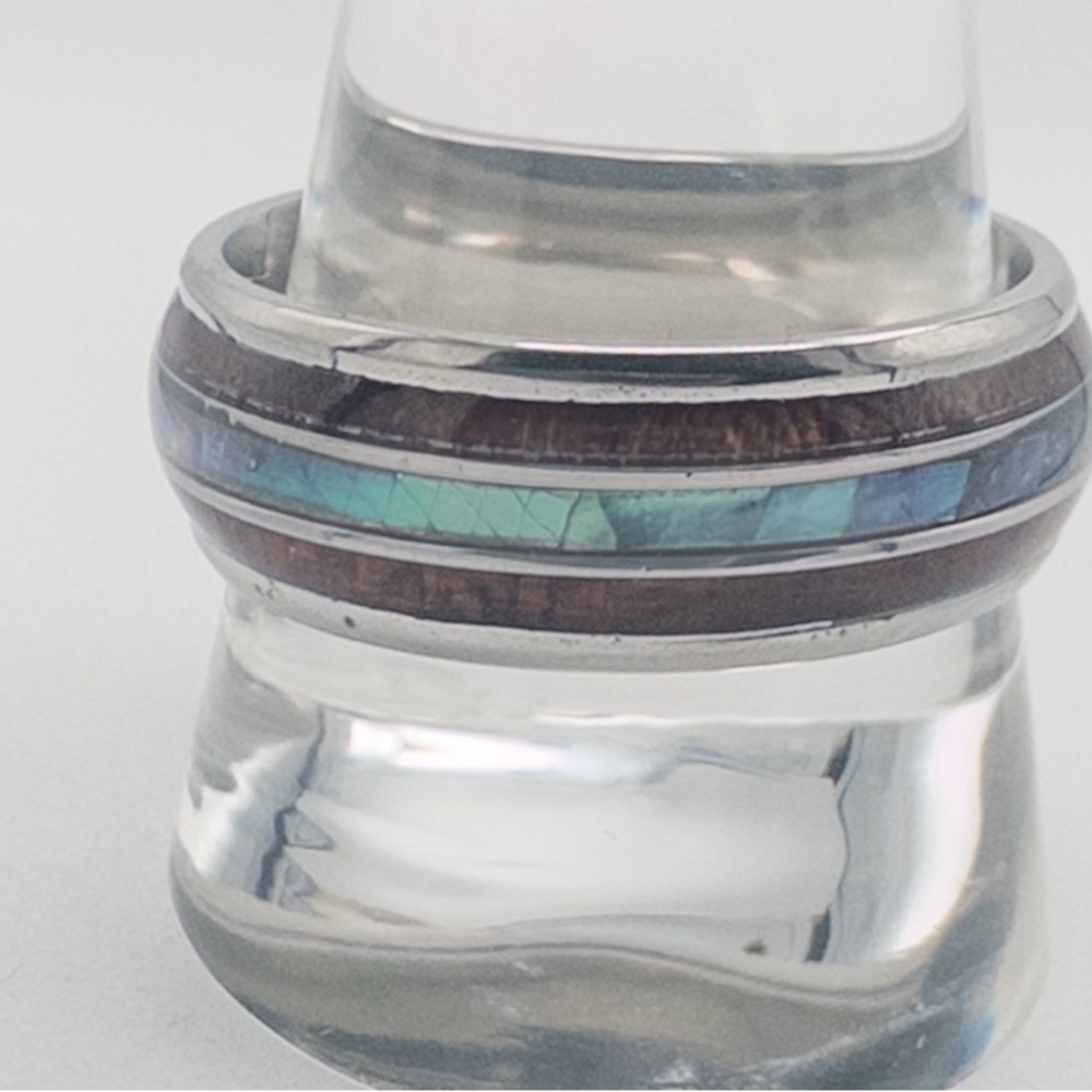 Mens Tungsten Carbide Ring With Wood & Opal Inlay Durable & Stylish Design - Picture 7 of 13